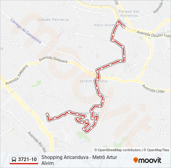 Mapa da linha 3721-10 de ônibus