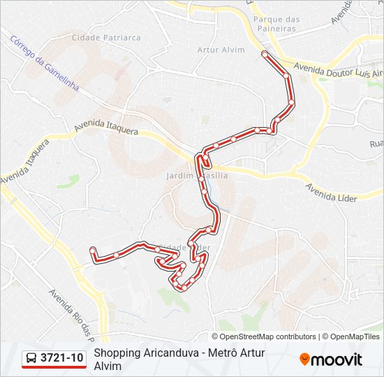 Mapa da linha 3721-10 de ônibus