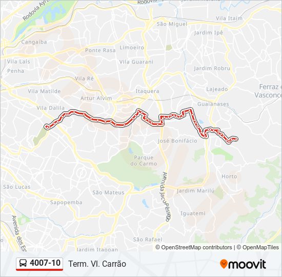 Mapa da linha 4007-10 de ônibus