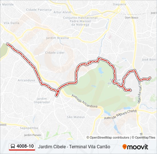 Mapa da linha 4008-10 de ônibus