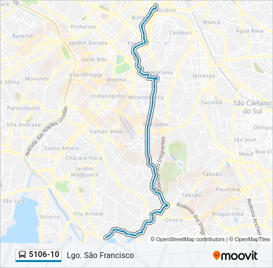 Mapa da linha 5106-10 de ônibus