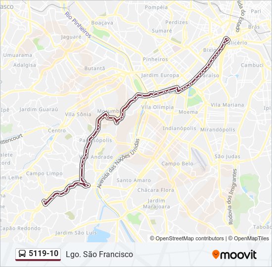 Mapa da linha 5119-10 de ônibus