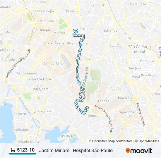 Mapa da linha 5123-10 de ônibus