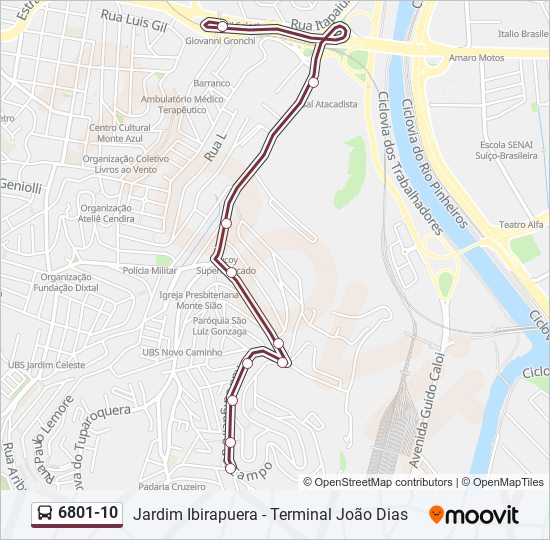 Mapa da linha 6801-10 de ônibus