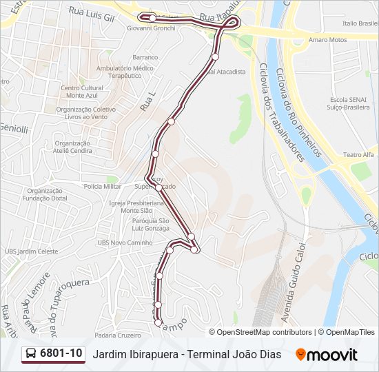 Mapa da linha 6801-10 de ônibus