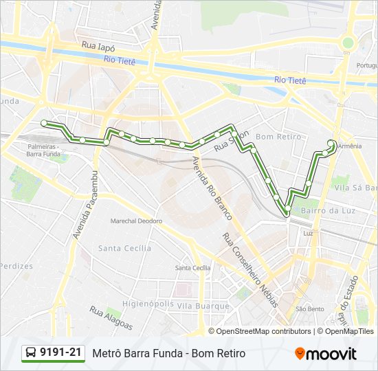 Mapa da linha 9191-21 de ônibus