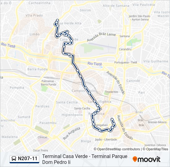 Mapa da linha N207-11 de ônibus