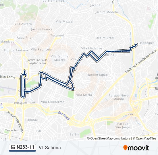 Mapa da linha N233-11 de ônibus