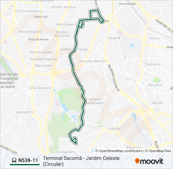 Mapa da linha N538-11 de ônibus