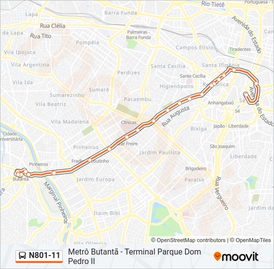 Mapa da linha N801-11 de ônibus