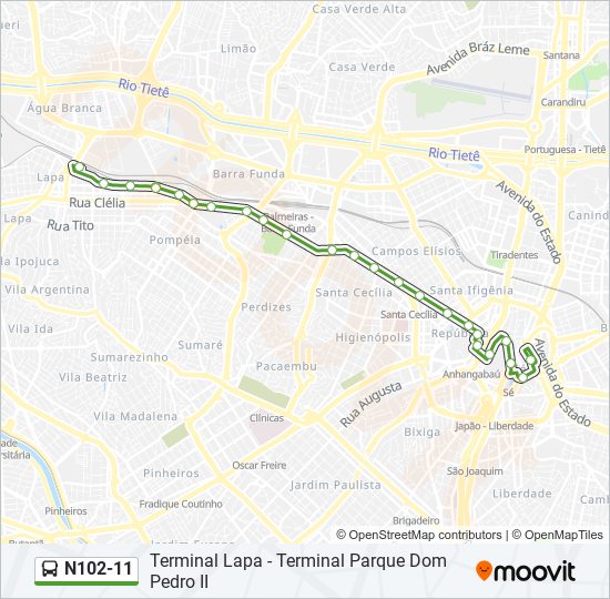 Mapa da linha N102-11 de ônibus