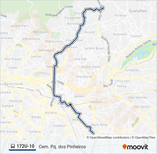 Mapa da linha 172U-10 de ônibus