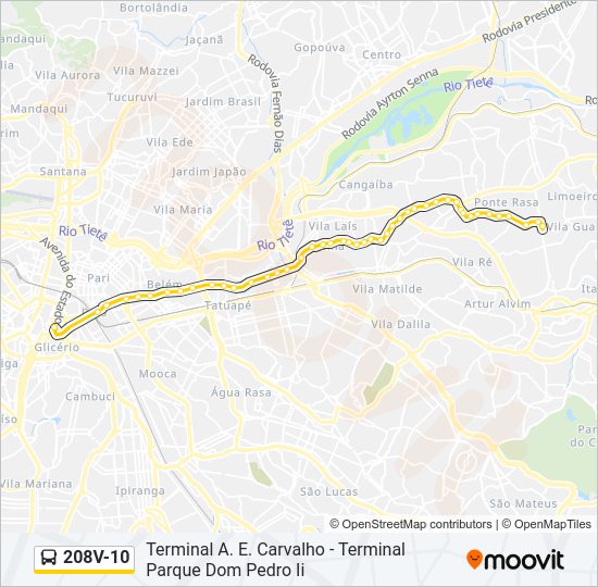 Mapa da linha 208V-10 de ônibus