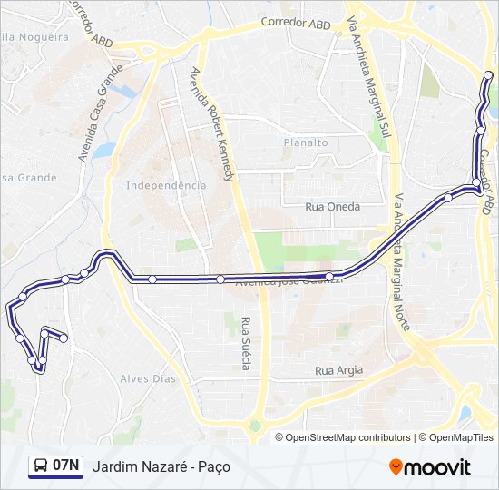 Mapa da linha 07N de ônibus