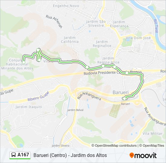 Mapa da linha A167 de ônibus