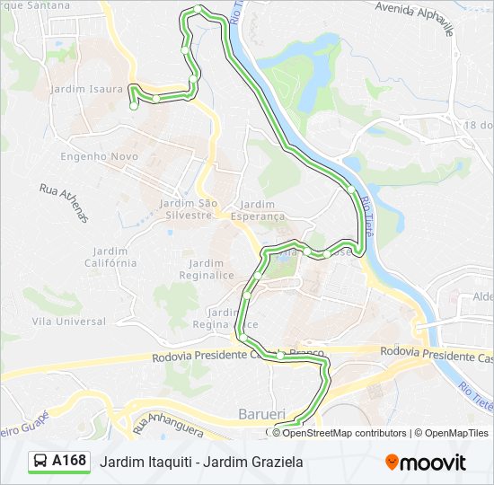 Mapa da linha A168 de ônibus