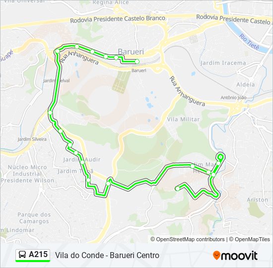 Mapa da linha A215 de ônibus