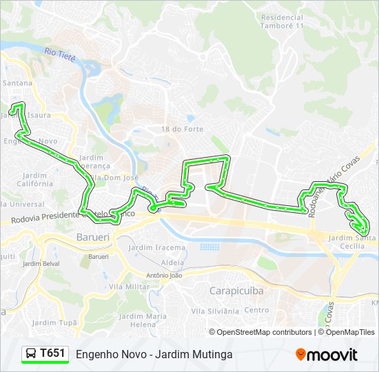 Mapa da linha T651 de ônibus