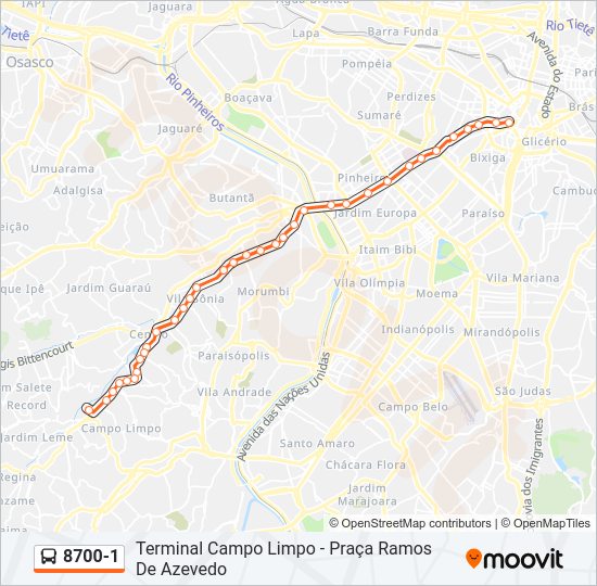 Mapa da linha 8700-1 de ônibus