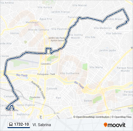 Mapa da linha 1732-10 de ônibus