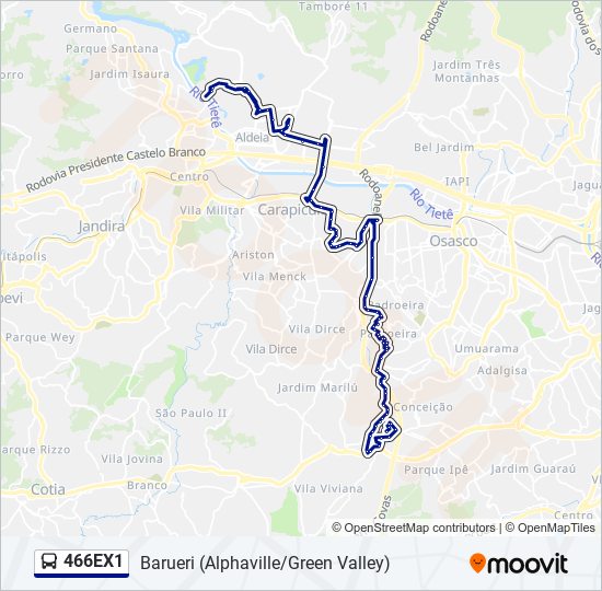 Mapa da linha 466EX1 de ônibus