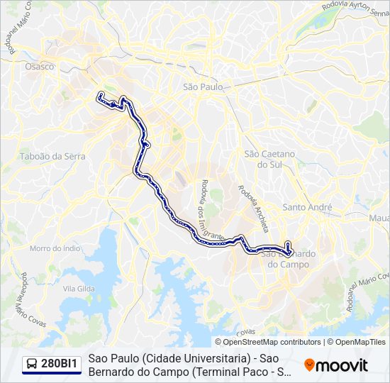 Mapa da linha 280BI1 de ônibus