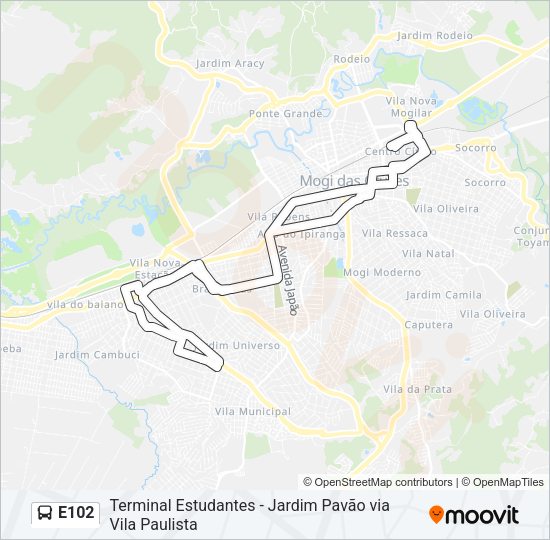 Mapa da linha E102 de ônibus