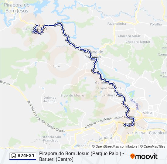 Mapa da linha 824EX1 de ônibus