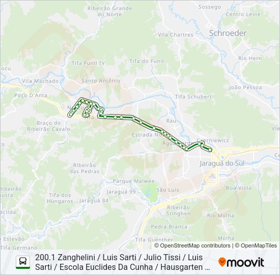 Mapa da linha 200 NEREU de ônibus