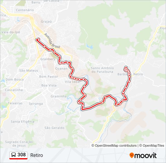 Mapa da linha 308 de ônibus