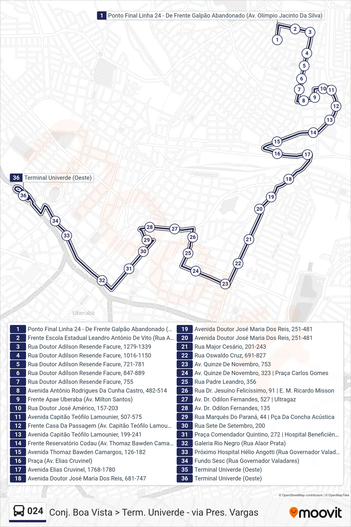 024 bus Line (Conj. Boa Vista > Term. Univerde - via Pres. Vargas) route and stops on a map