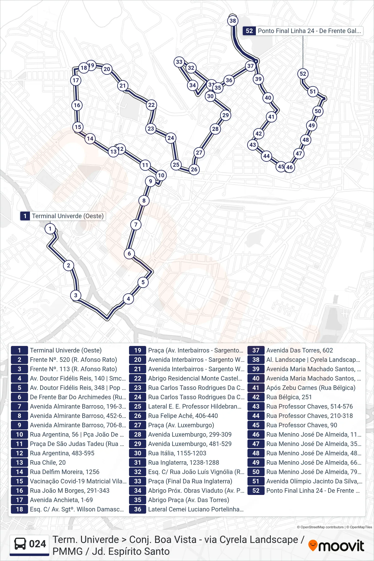 024 bus Line (Term. Univerde > Conj. Boa Vista - via Cyrela Landscape / PMMG / Jd. Espírito Santo) route and stops on a map