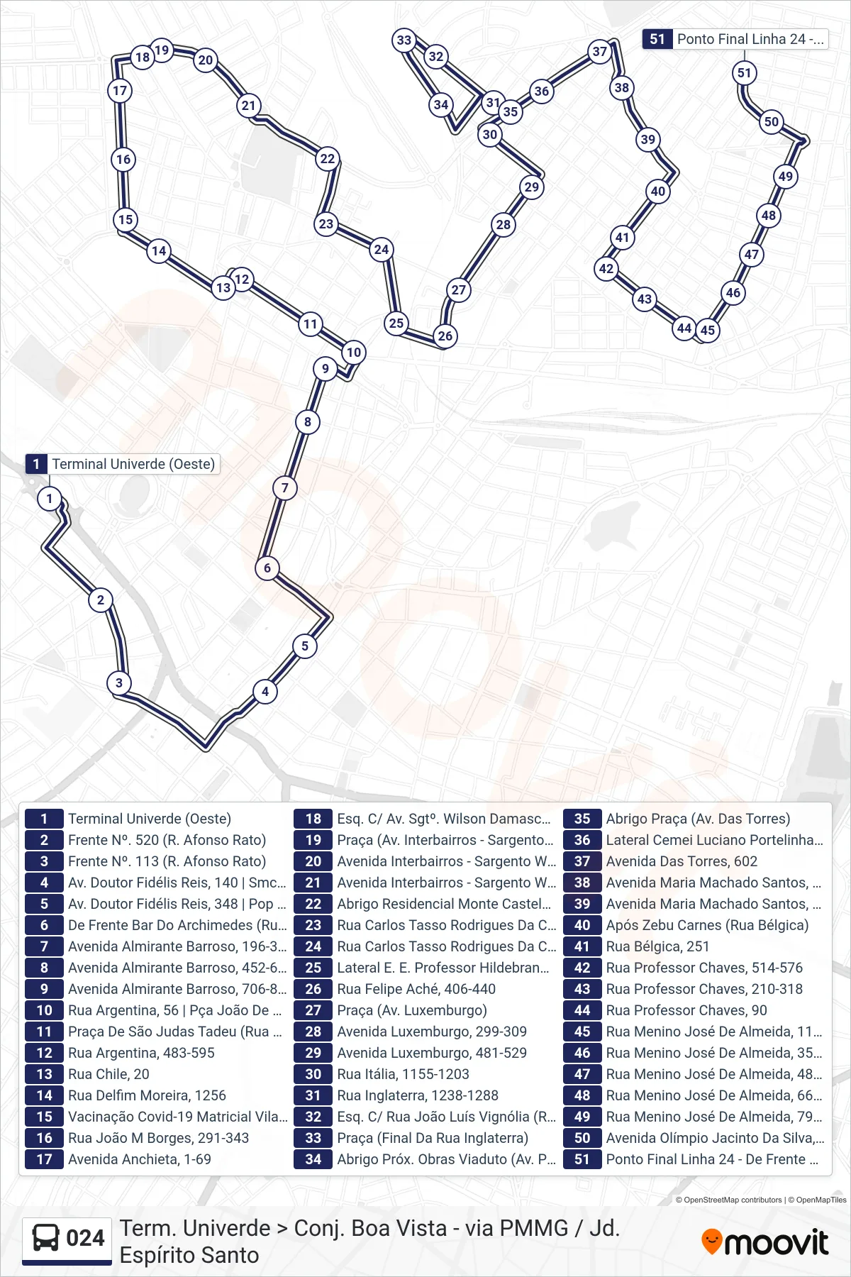 Rota e paradas da linha de ônibus  024  (Term. Univerde > Conj. Boa Vista - via PMMG / Jd. Espírito Santo) no mapa