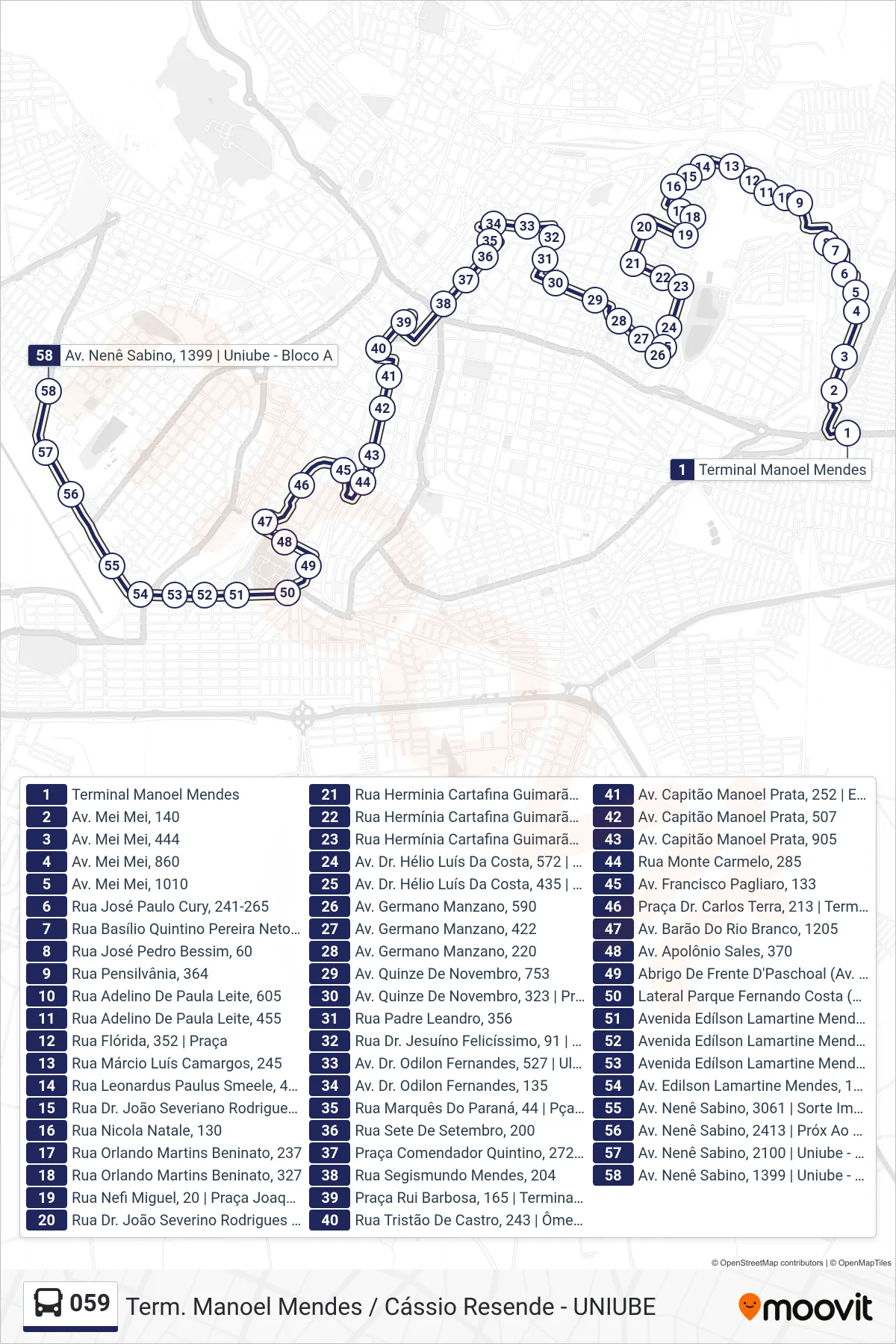 Rota e paradas da linha de ônibus  059  (Term. Manoel Mendes > Av. Mei Mei (São José) > Guanabara > Estados Unidos > Pça Rui Barbosa > Rodoviária >UNIUBE) no mapa