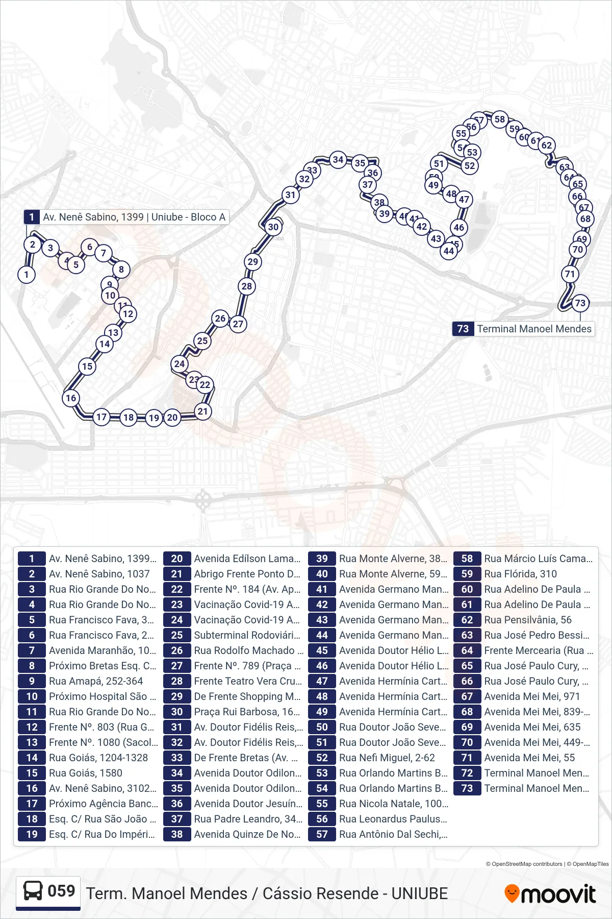 Rota e paradas da linha de ônibus 059 (Uniube > Praça Rui Barbosa > Residencial Estados Unidos > Terminal Manoel Mendes) no mapa