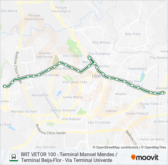 Mapa da linha BRT CORREDOR LESTE / SUDOESTE de ônibus