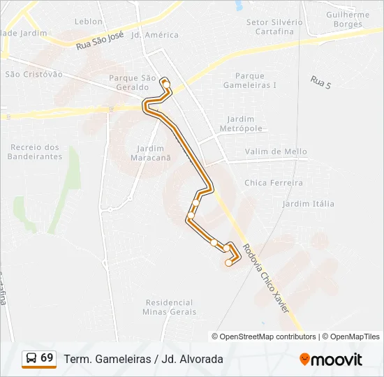 Mapa da linha 69 de ônibus
