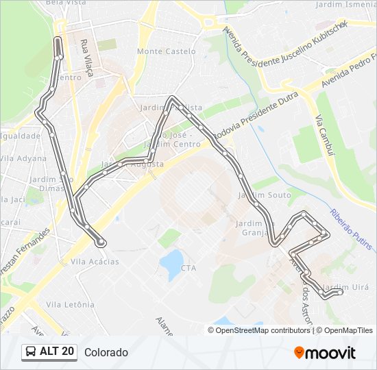 Mapa da linha ALT 20 de ônibus