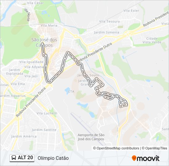 Mapa da linha ALT 20 de ônibus
