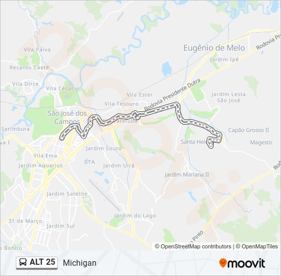 Mapa da linha ALT 25 de ônibus