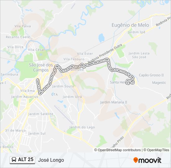 Mapa da linha ALT 25 de ônibus