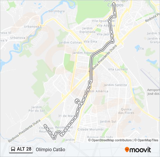 Mapa da linha ALT 28 de ônibus