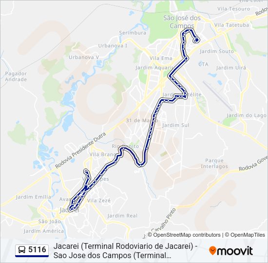 Mapa da linha 5116 de ônibus