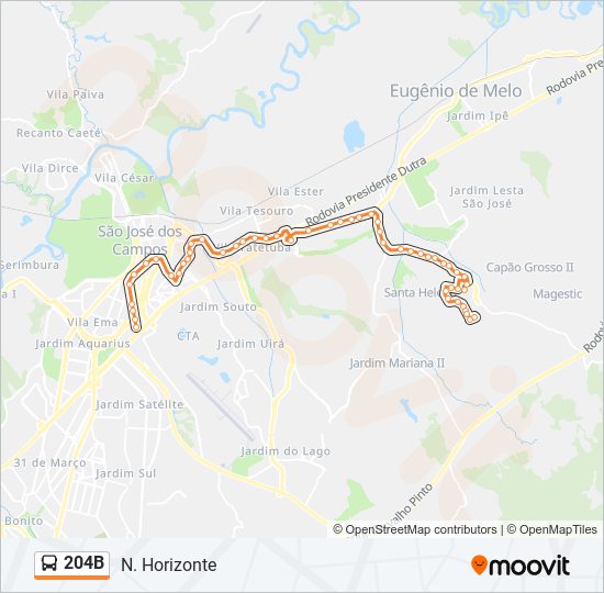 Mapa da linha 204B de ônibus