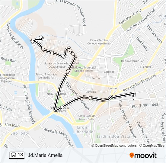 Mapa da linha 13 de ônibus