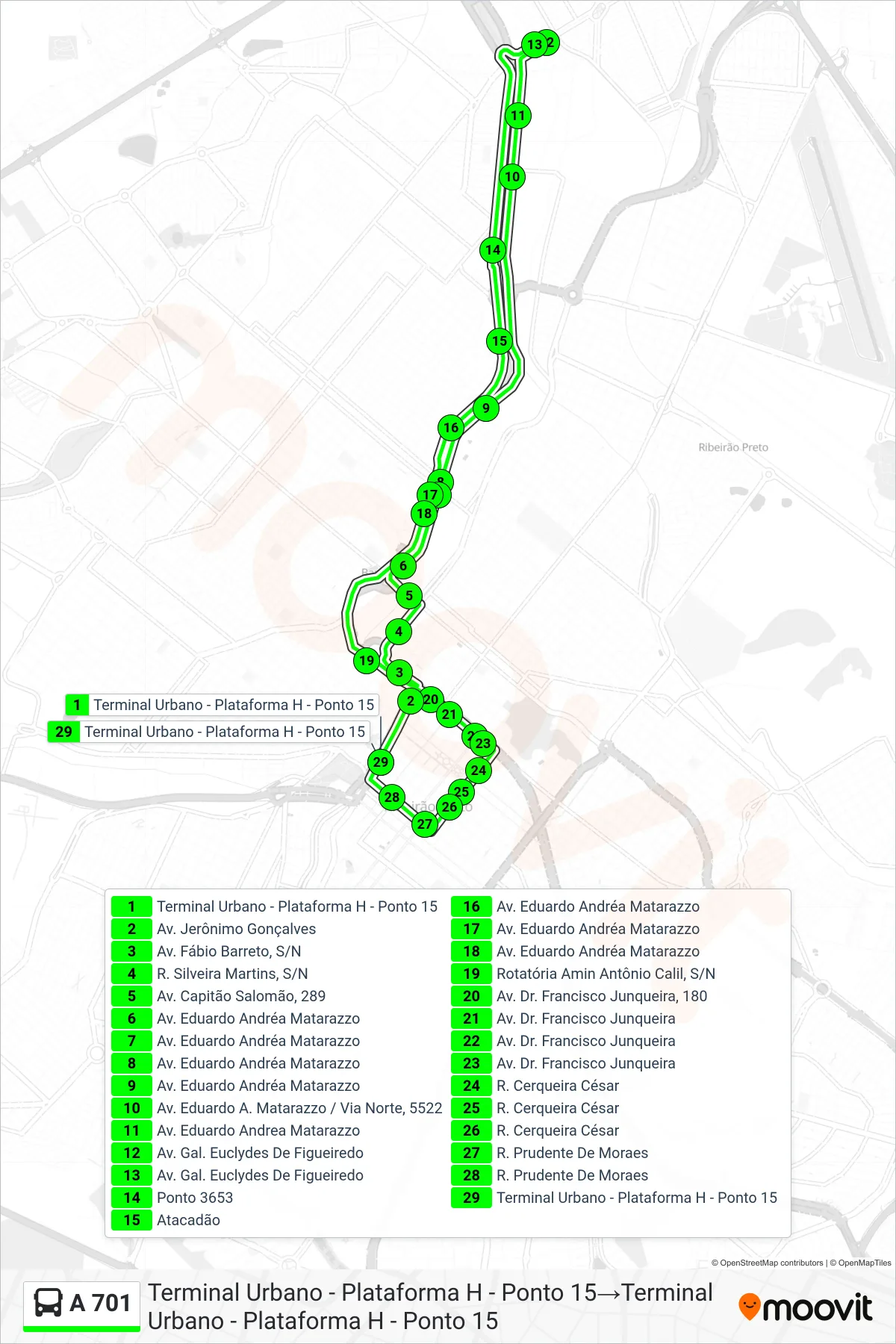 Rota e paradas da linha de ônibus A 701 (Terminal Urbano - Plataforma H - Ponto 15→Terminal Urbano - Plataforma H - Ponto 15) no mapa