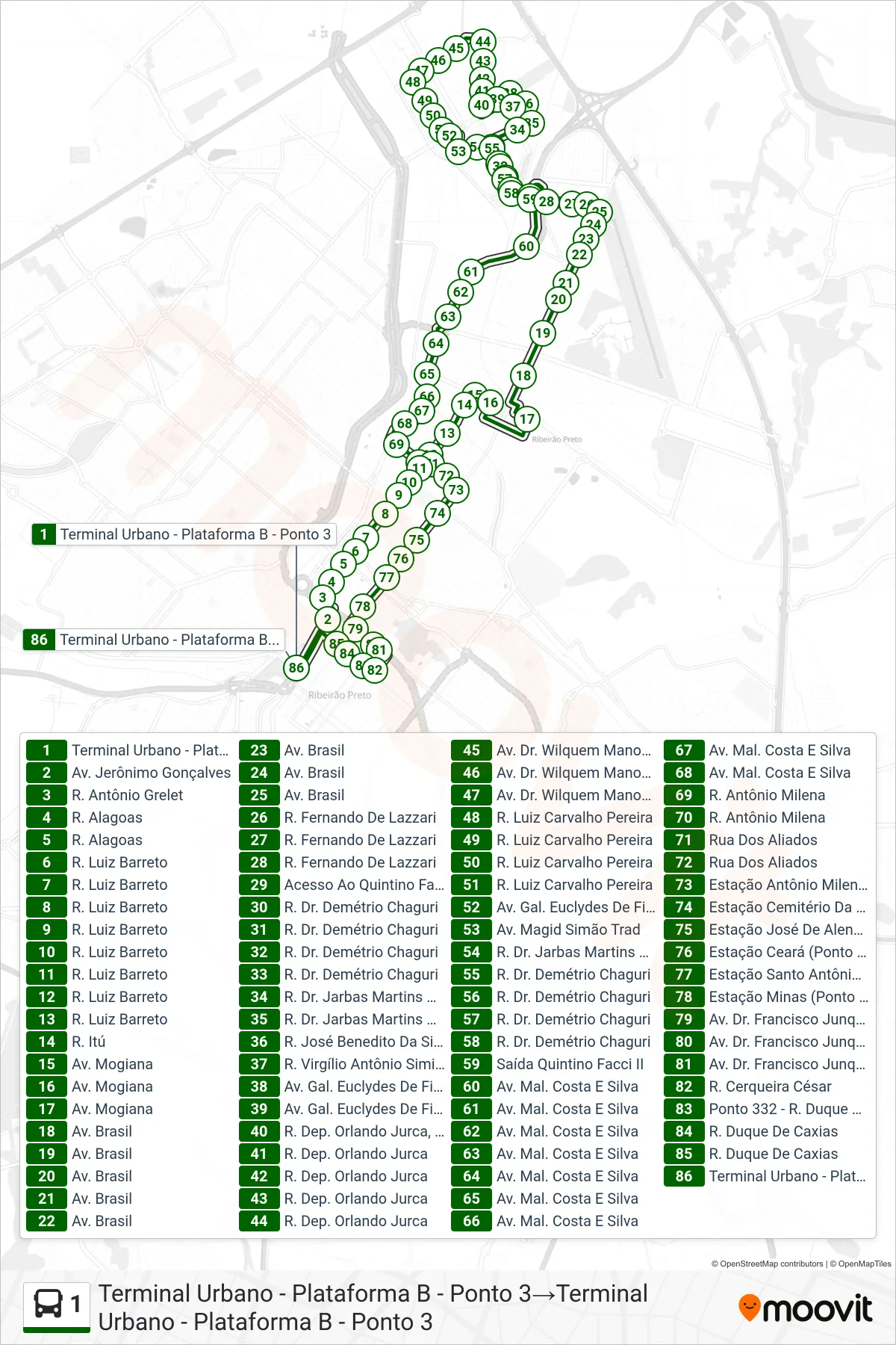 1 bus Line (Terminal Urbano - Plataforma B - Ponto 3‎→Terminal Urbano - Plataforma B - Ponto 3) route and stops on a map