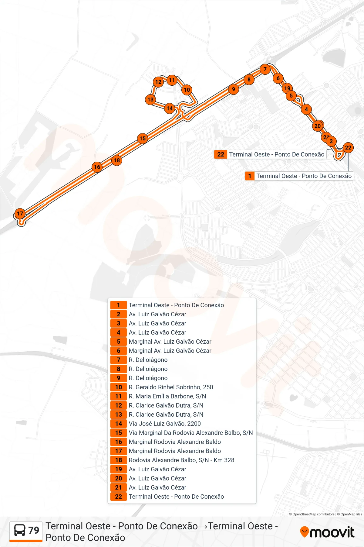 Rota e paradas da linha de ônibus 79 (Terminal Oeste - Ponto De Conexão→Terminal Oeste - Ponto De Conexão) no mapa