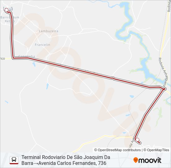 Mapa da linha SAO JOAQUIM DA BARRA P/ IPUA - DIRETO de ônibus