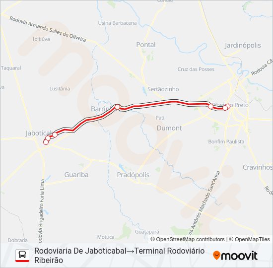 Mapa da linha RIBEIRAO PRETO P/ JABOTICABAL - MONTE ALTO de ônibus